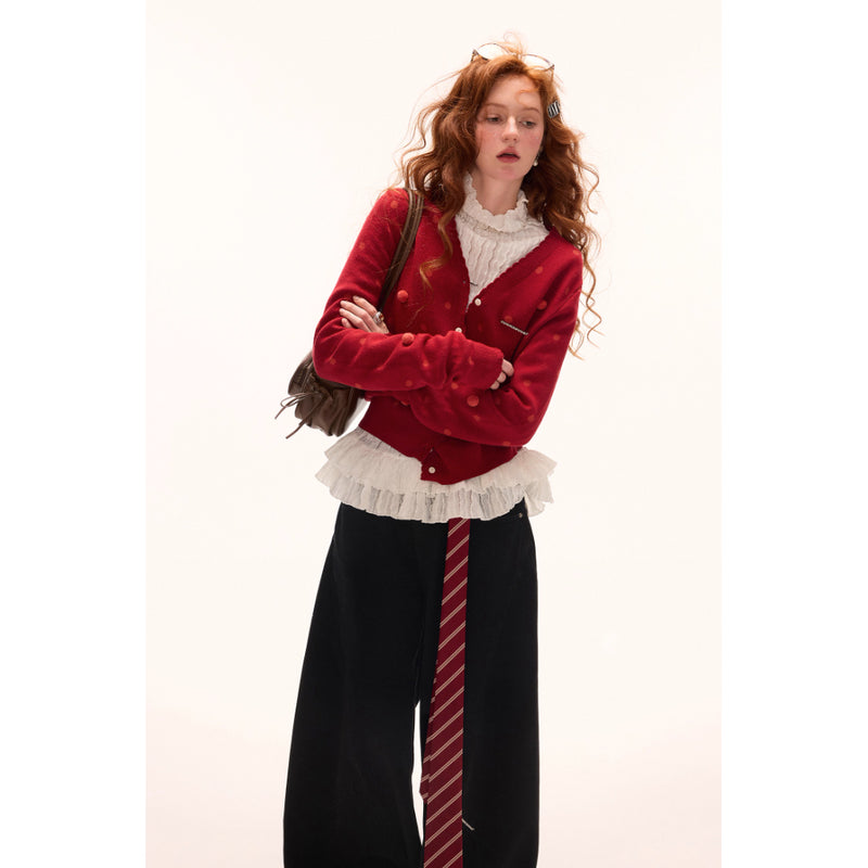 Asymmetrical Polka Dot Knit Cardigan