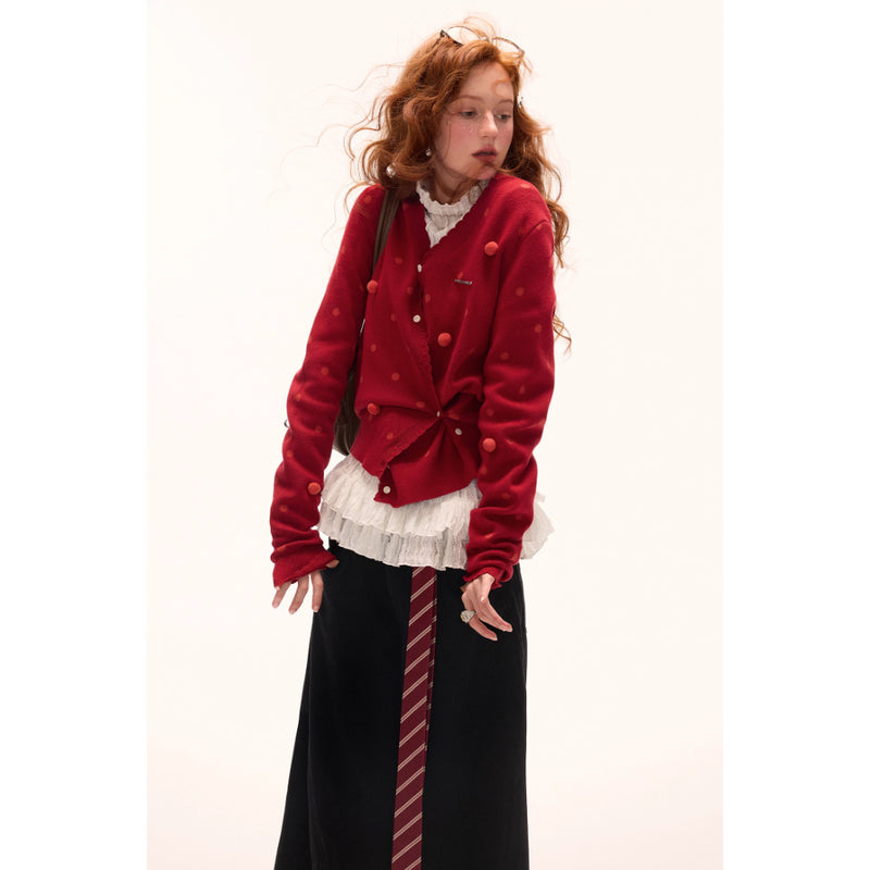 Asymmetrical Polka Dot Knit Cardigan