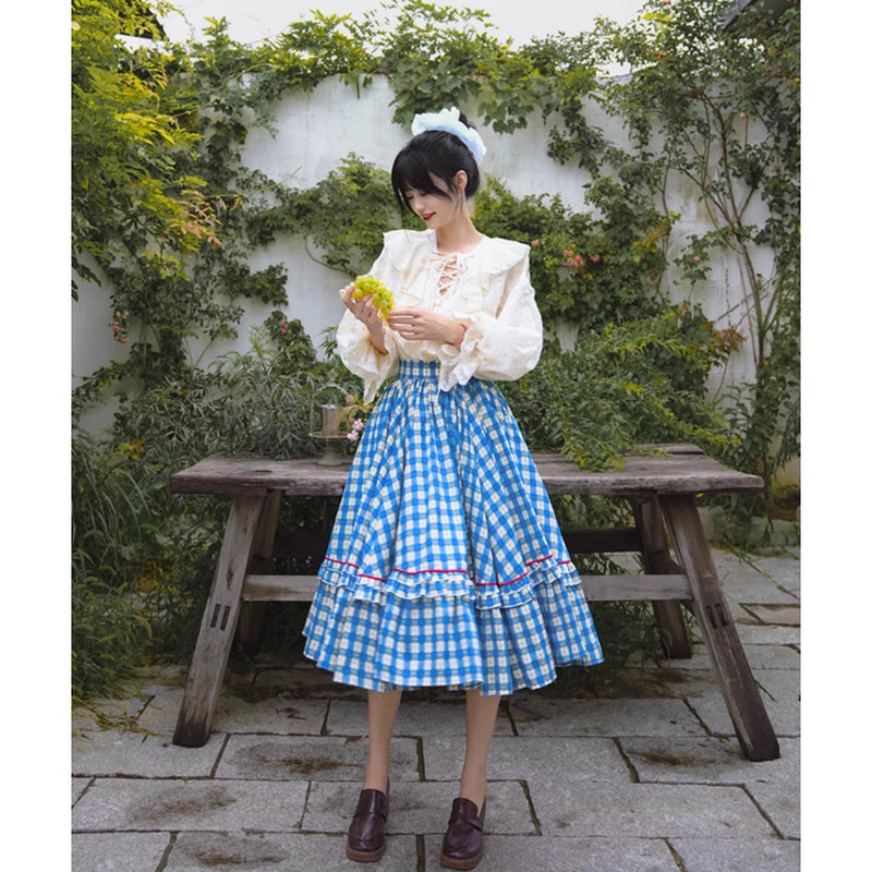 紺碧と花柄の格子柄レトロスカート