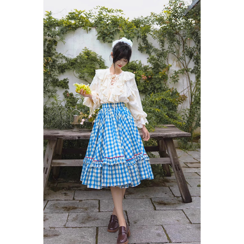 紺碧と花柄の格子柄レトロスカート