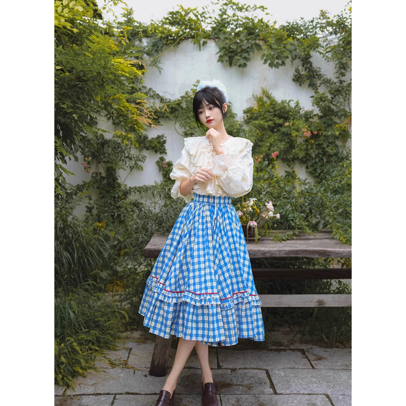 紺碧と花柄の格子柄レトロスカート