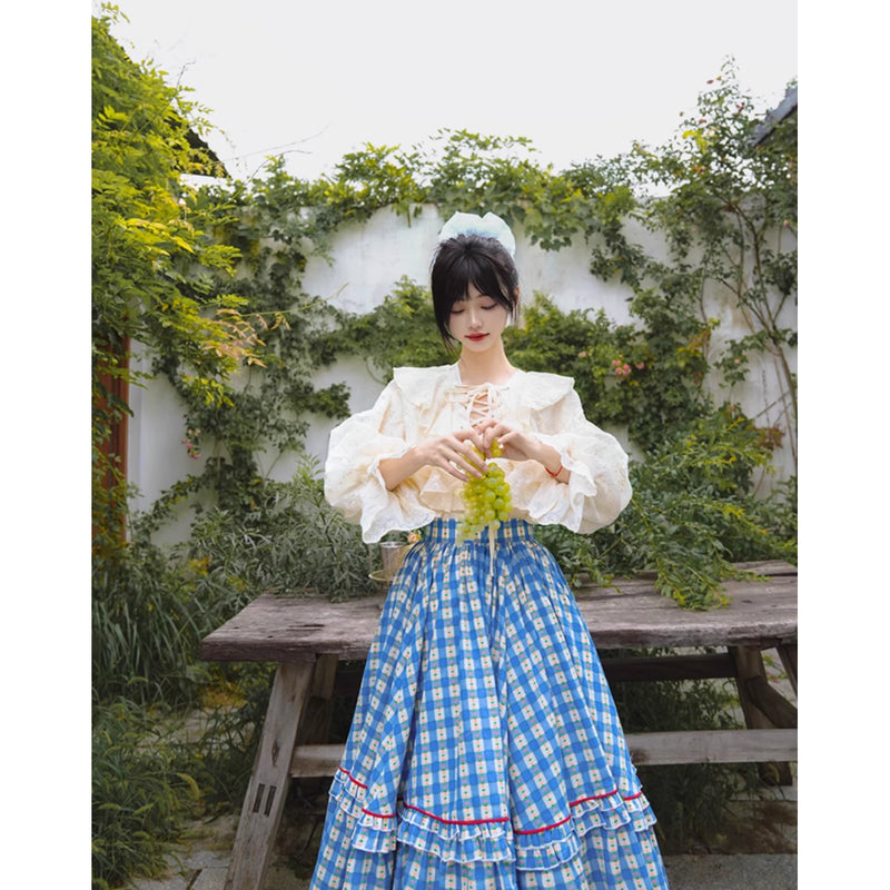 紺碧と花柄の格子柄レトロスカート
