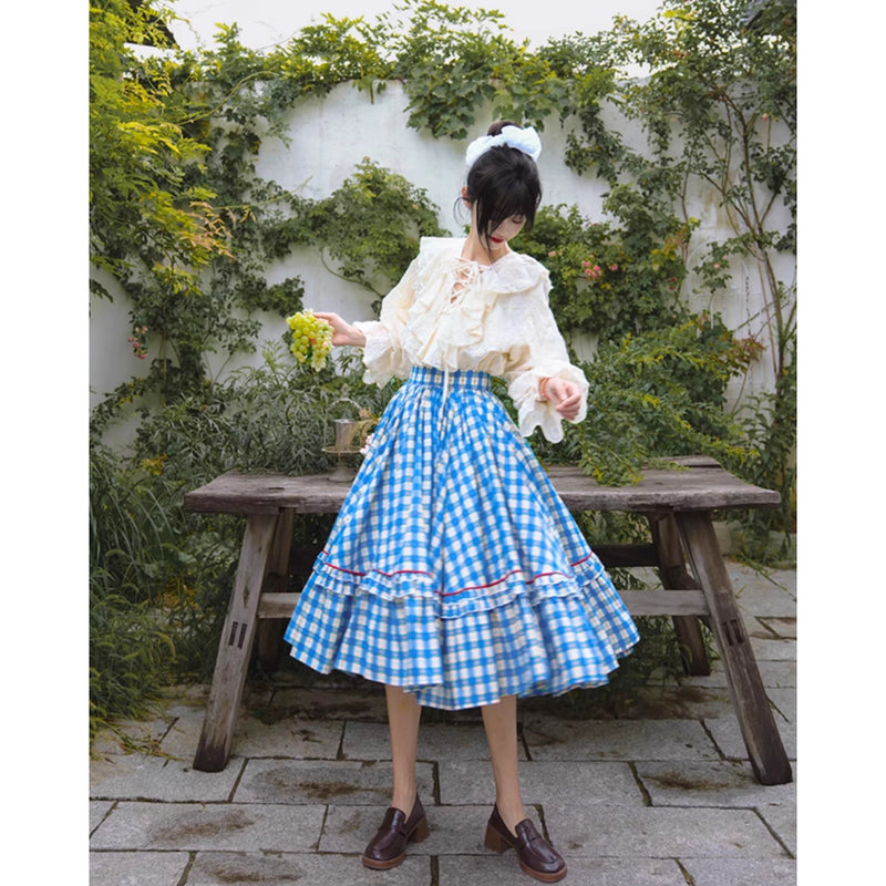 紺碧と花柄の格子柄レトロスカート