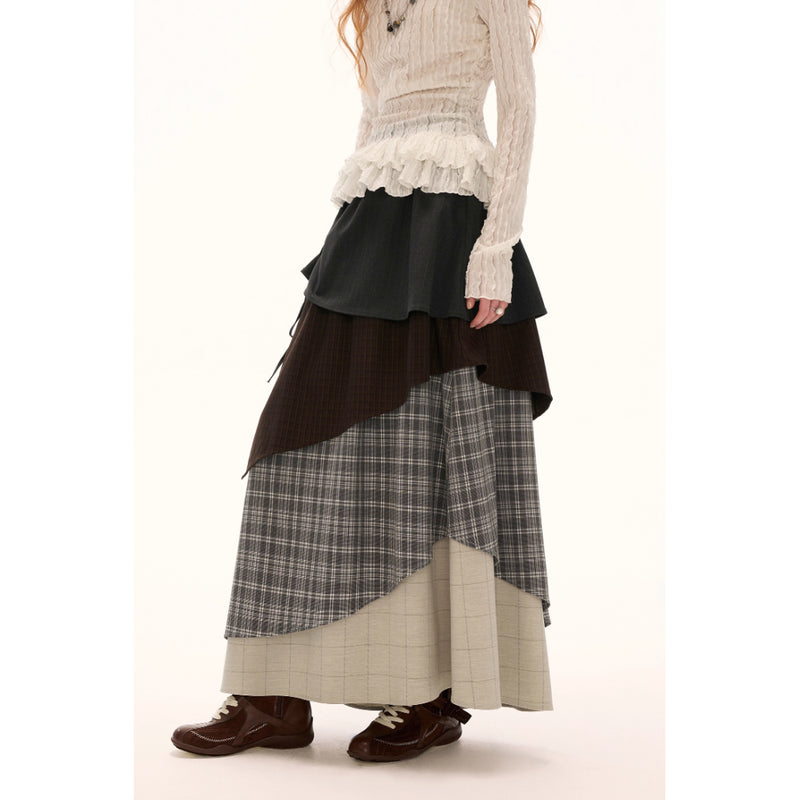Color Block Check Long Skirt - Black Beige