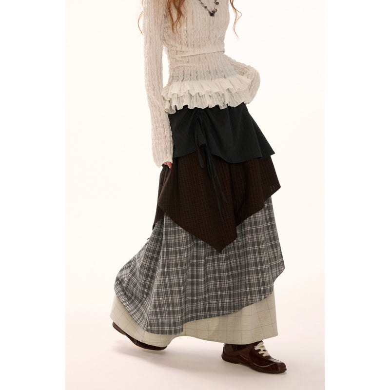Color Block Check Long Skirt - Black Beige