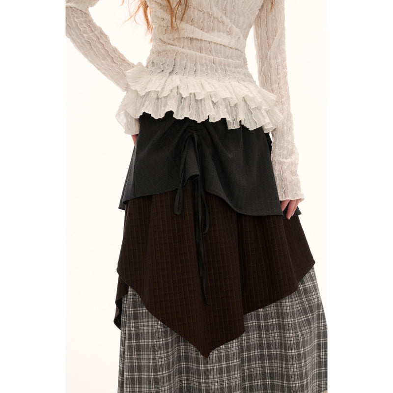 Color Block Check Long Skirt - Black Beige