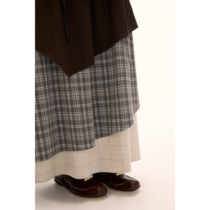 Color Block Check Long Skirt - Black Beige