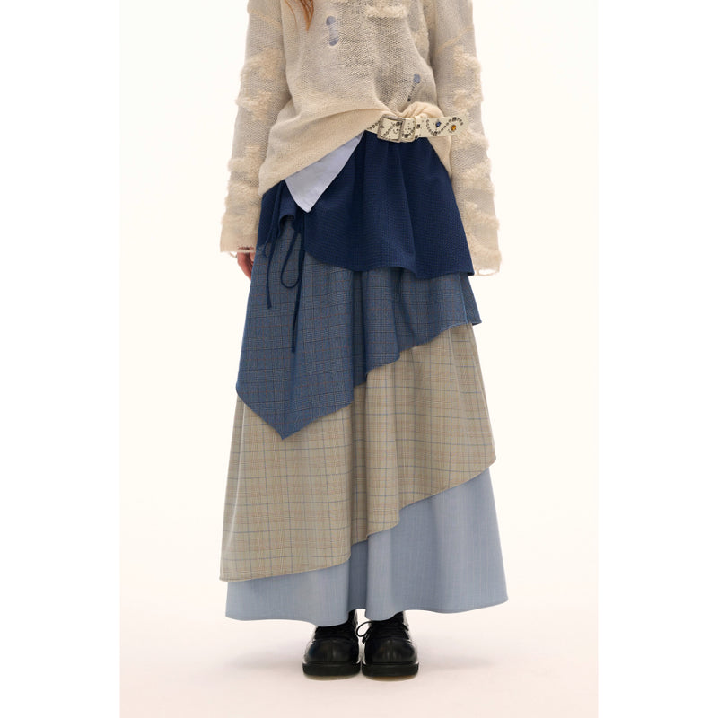 Color Block Check Long Skirt - Navy Beige