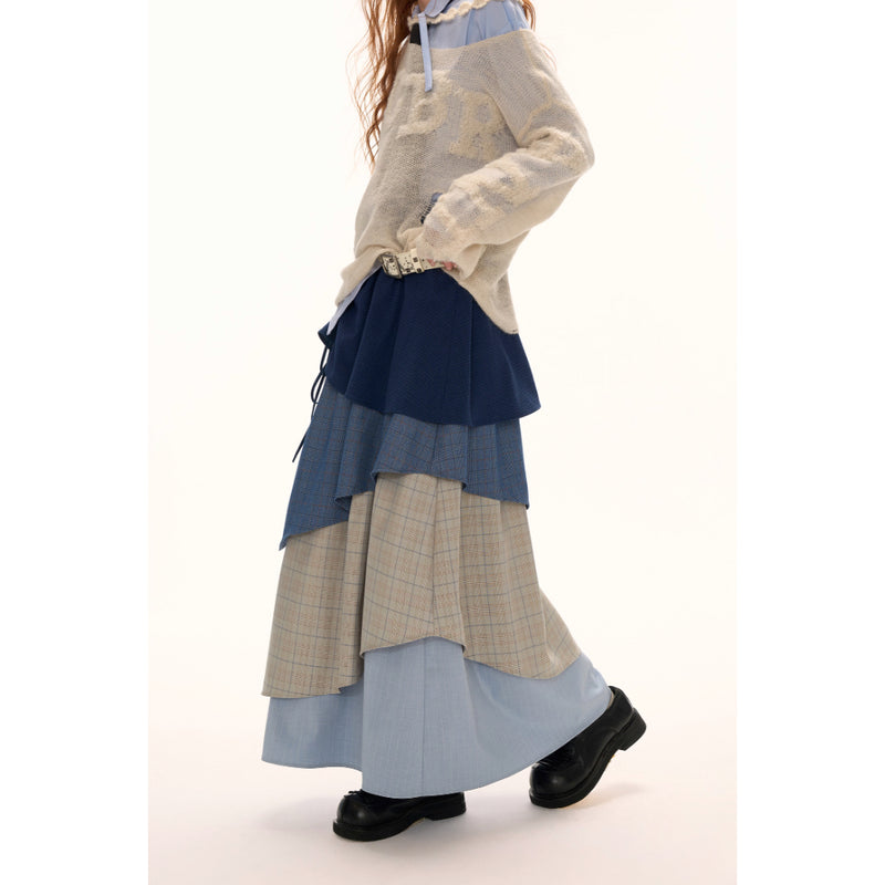 Color Block Check Long Skirt - Navy Beige