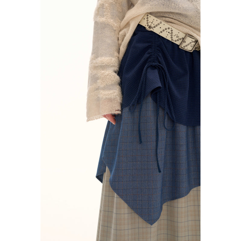 Color Block Check Long Skirt - Navy Beige