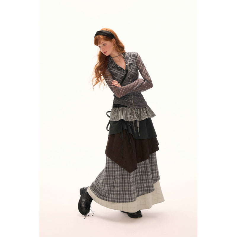 Color Block Check Long Skirt - Black Beige
