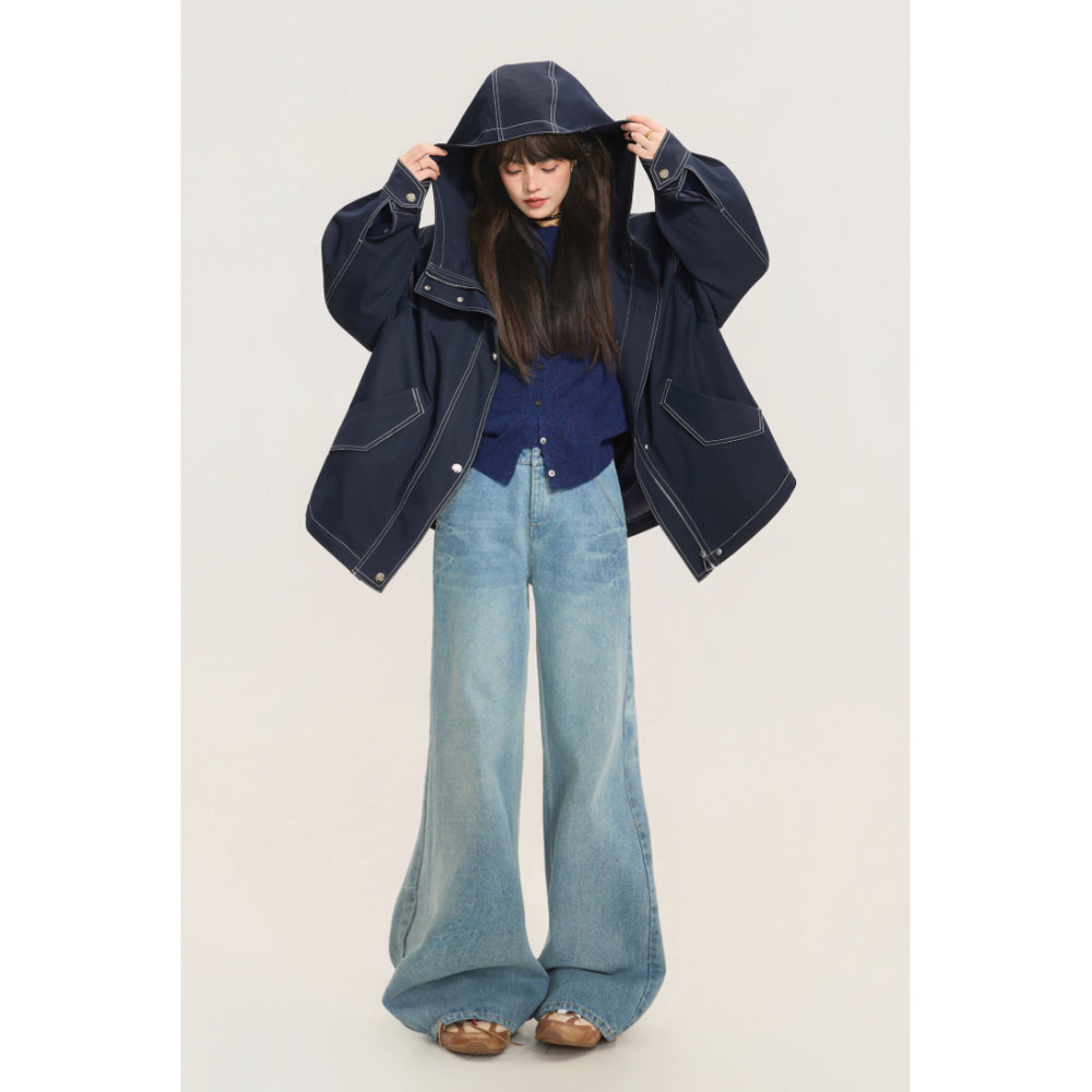 濃紺の刺繍アメリカンフードジャケット – ManusMachina