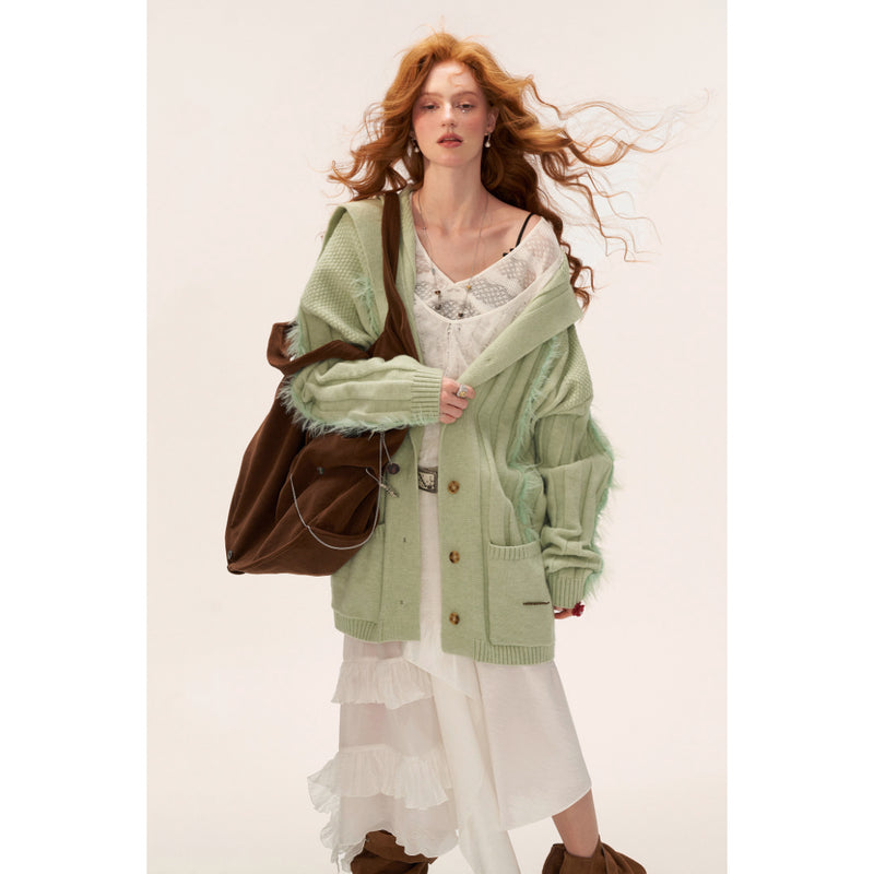 Fur-trimmed Ribbed Knit Cardigan - Light Green