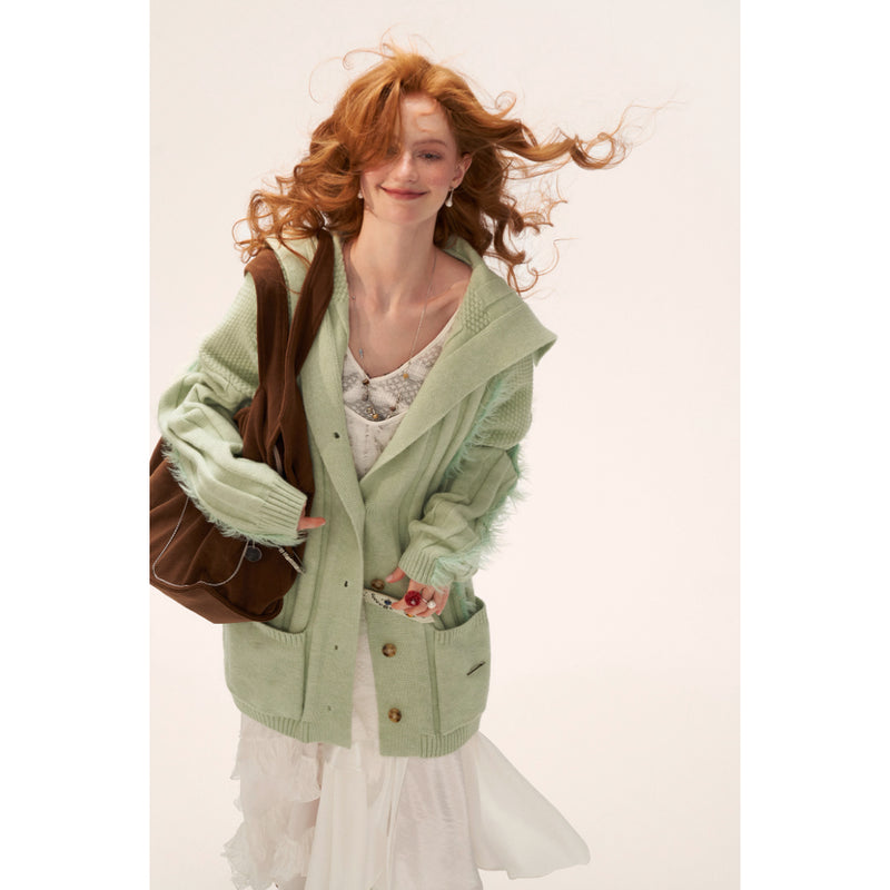 Fur-trimmed Ribbed Knit Cardigan - Light Green