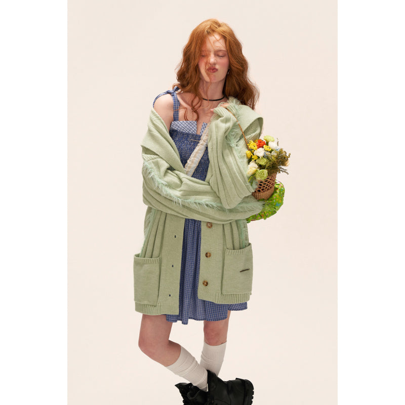 Fur-trimmed Ribbed Knit Cardigan - Light Green