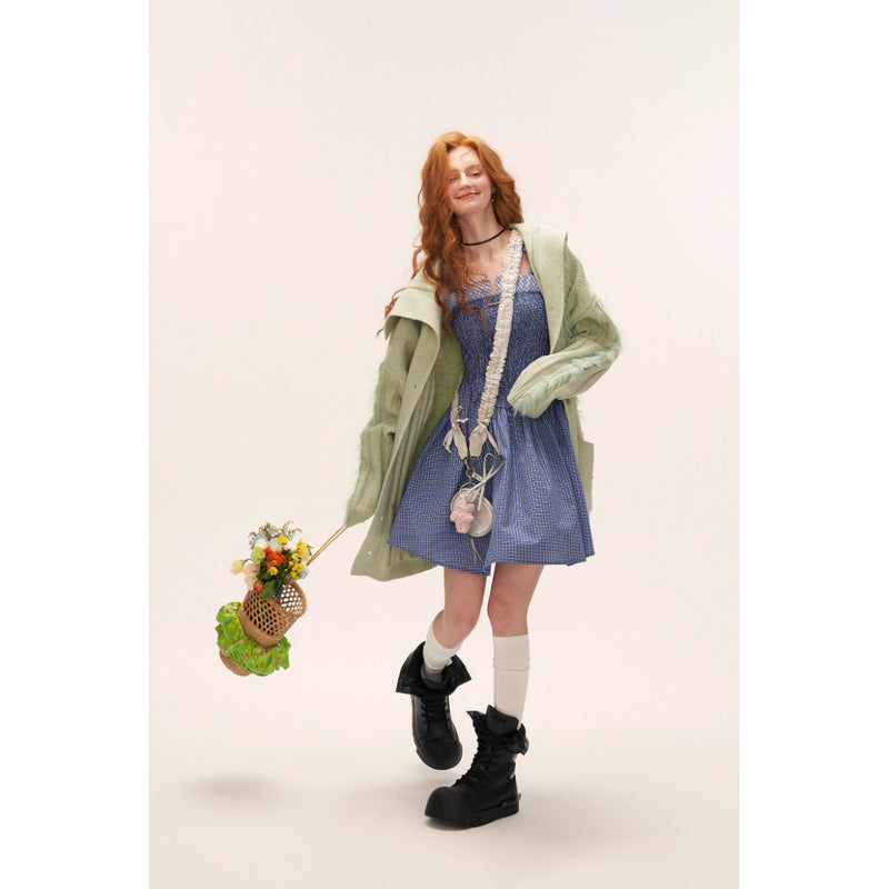 Fur-trimmed Ribbed Knit Cardigan - Light Green