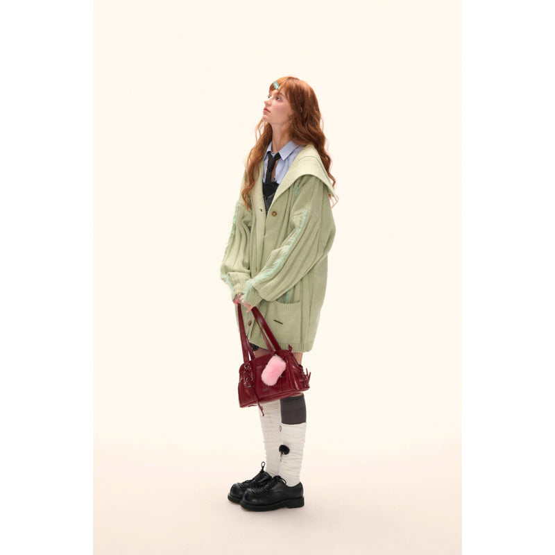 Fur-trimmed Ribbed Knit Cardigan - Light Green