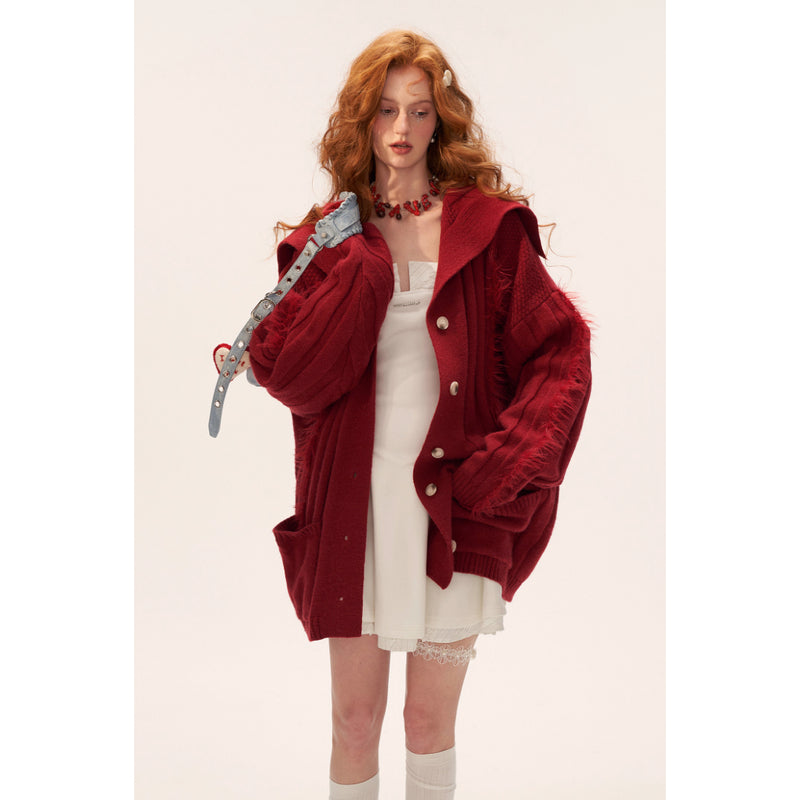 Fur-trimmed Ribbed Knit Cardigan - Red