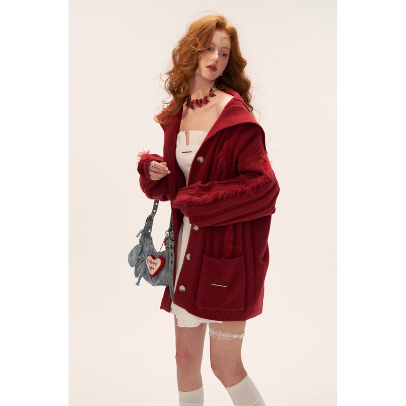 Fur-trimmed Ribbed Knit Cardigan - Red