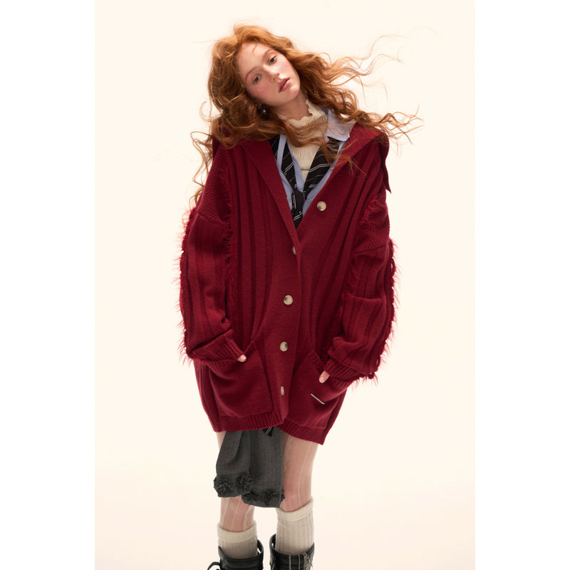 Fur-trimmed Ribbed Knit Cardigan - Red