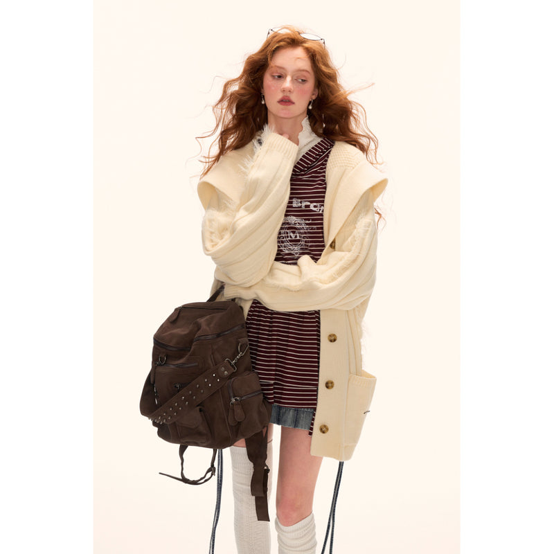 Fur-trimmed Ribbed Knit Cardigan - Ivory