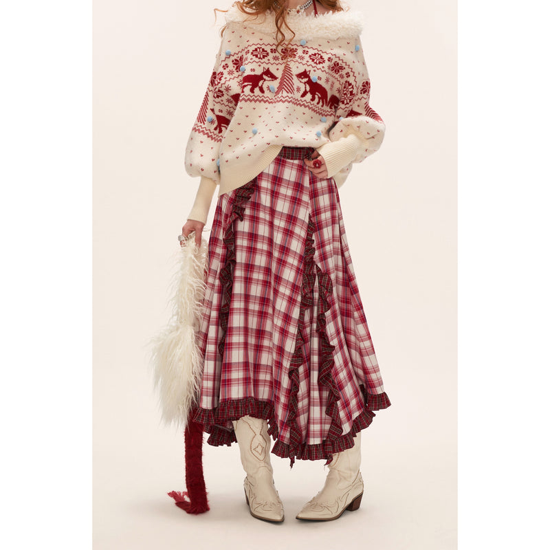 Asymmetrical Ruffled Checkered Skirt
