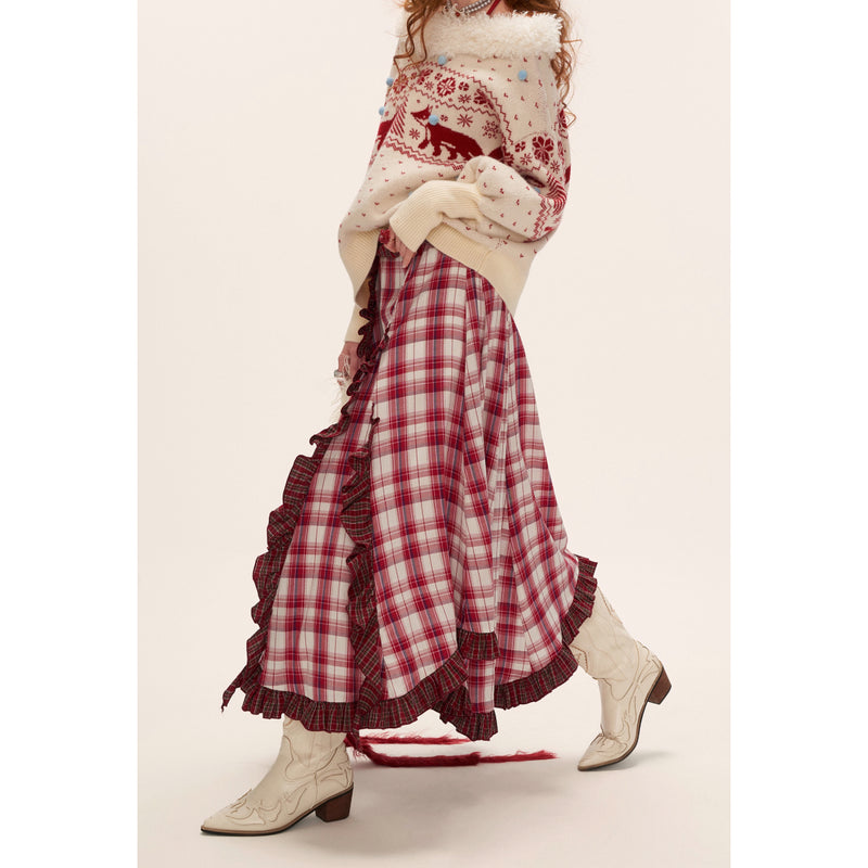 Asymmetrical Ruffled Checkered Skirt