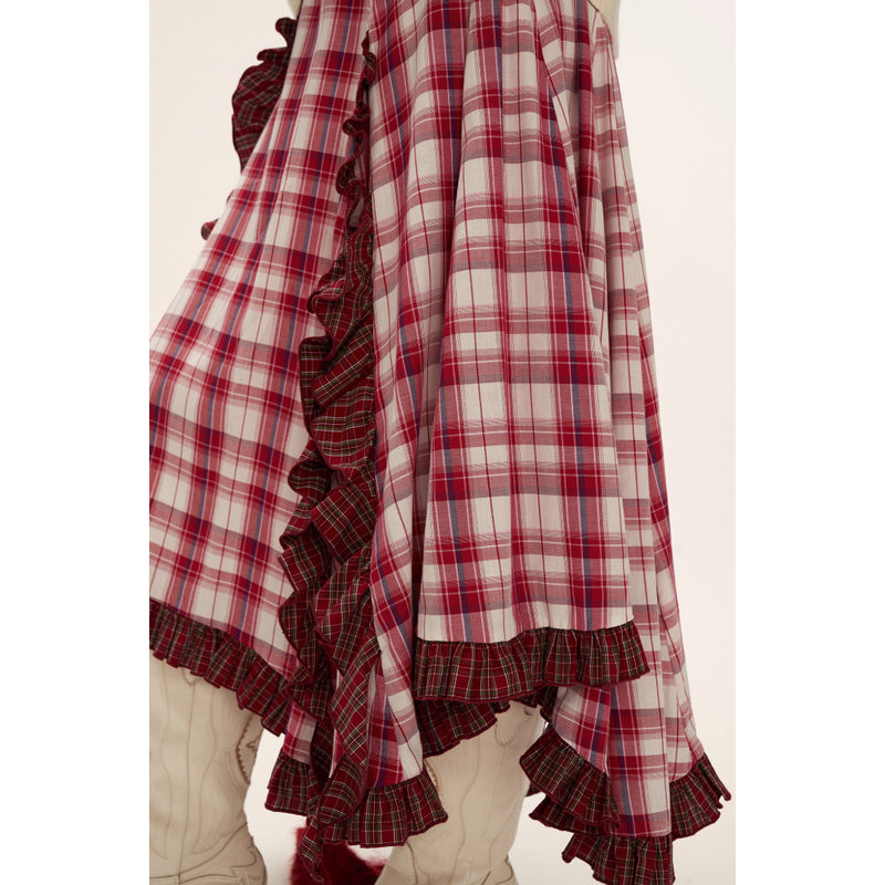 Asymmetrical Ruffled Checkered Skirt