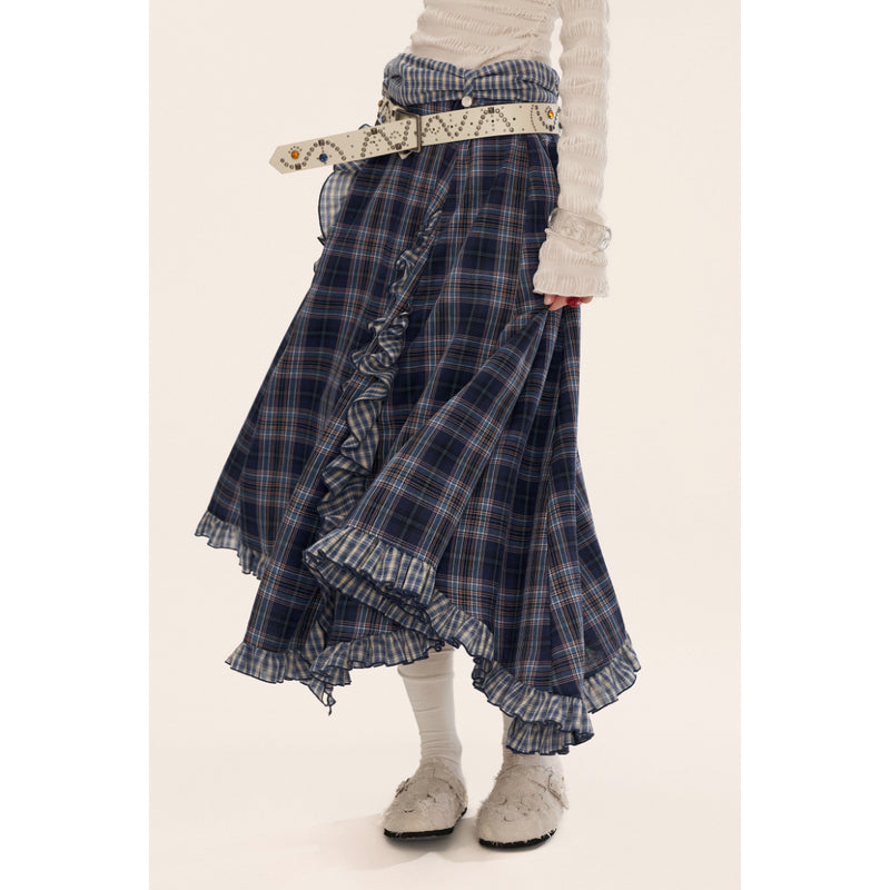 Asymmetrical Ruffled Checkered Skirt