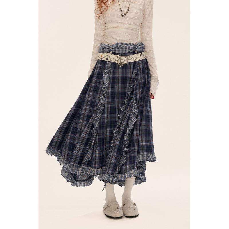Asymmetrical Ruffled Checkered Skirt