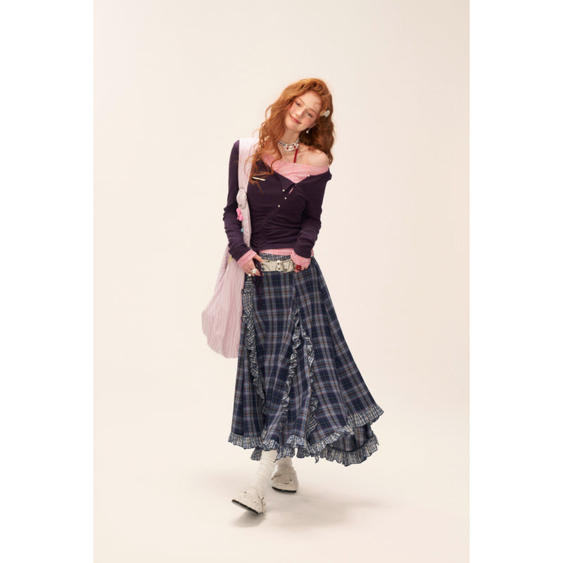 Asymmetrical Ruffled Checkered Skirt