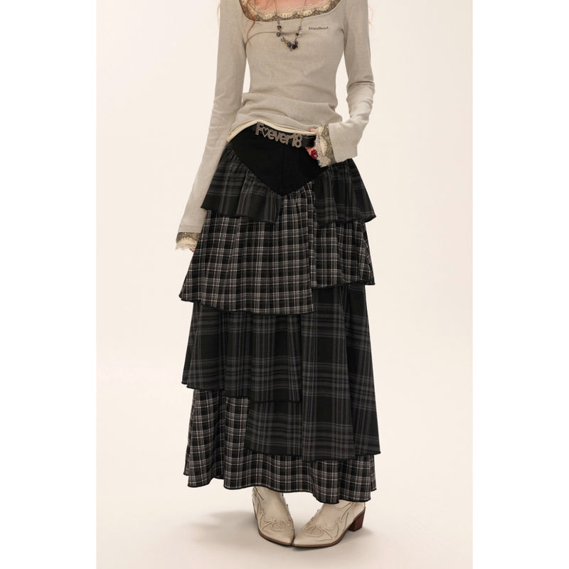 Asymmetrical Checkered Layered Skirt
