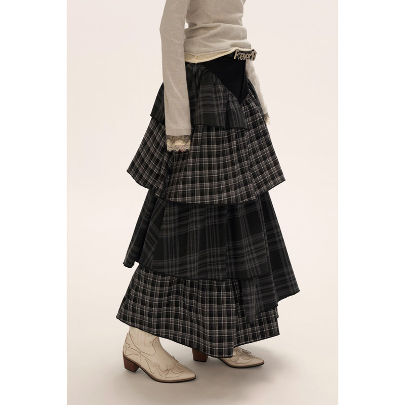 Asymmetrical Checkered Layered Skirt