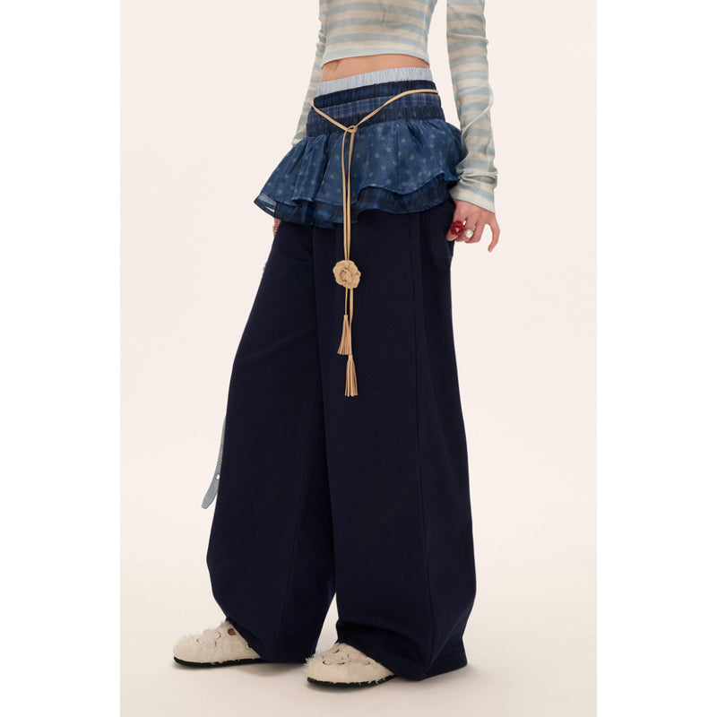 Star Pattern Ruffle Waist Wide Pants