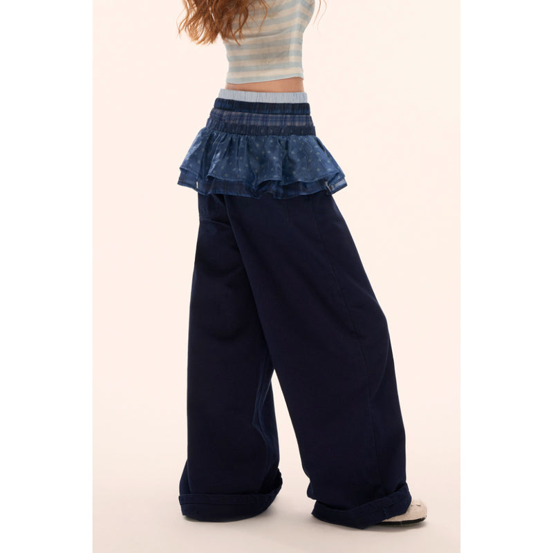 Star Pattern Ruffle Waist Wide Pants