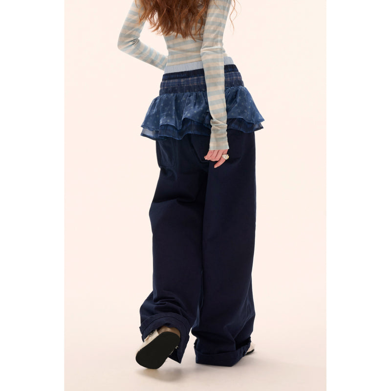 Star Pattern Ruffle Waist Wide Pants