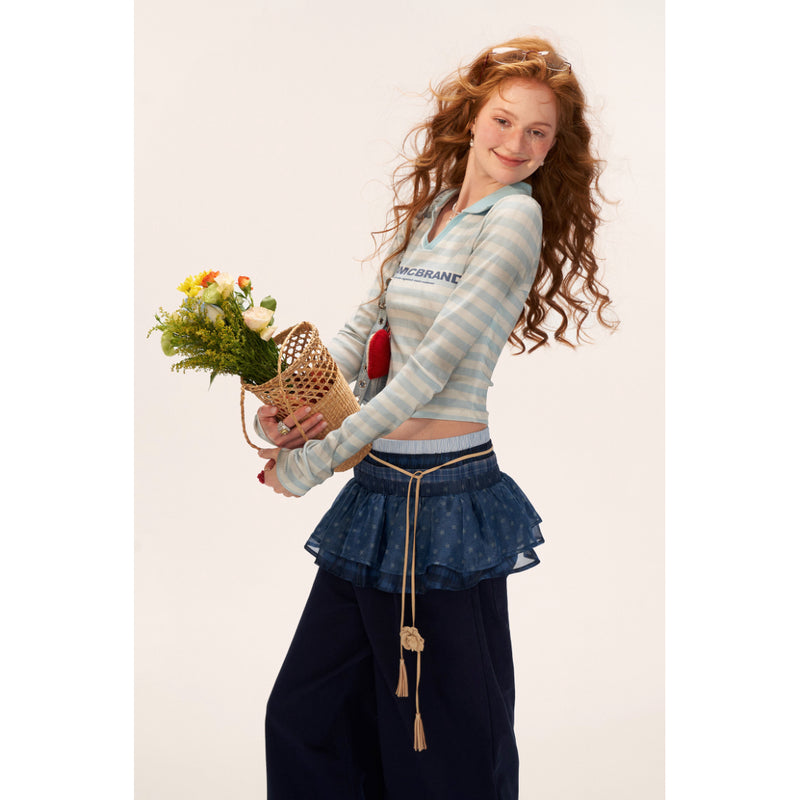 Star Pattern Ruffle Waist Wide Pants