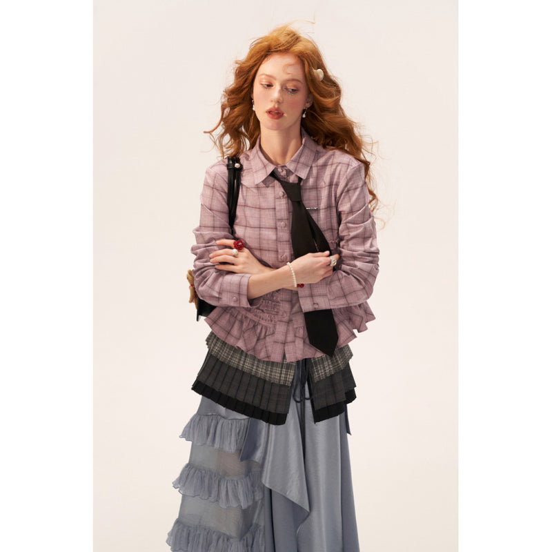 Gray-pink Checkered Ruffle Blouse