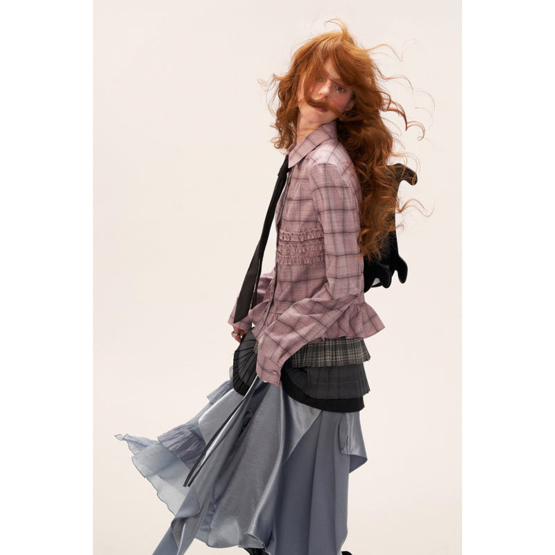 Gray-pink Checkered Ruffle Blouse