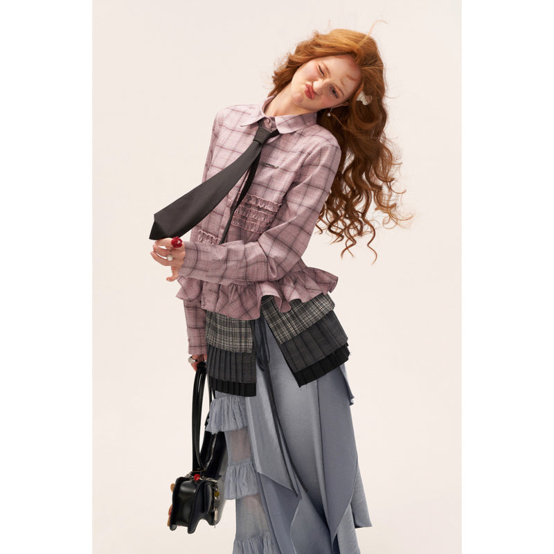 Gray-pink Checkered Ruffle Blouse