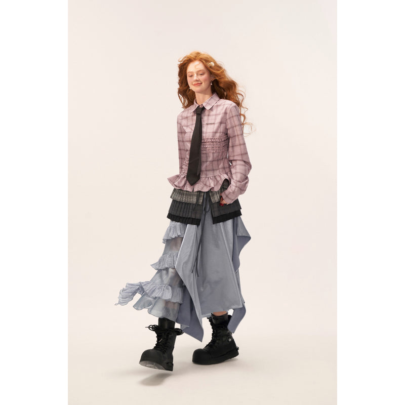 Gray-pink Checkered Ruffle Blouse