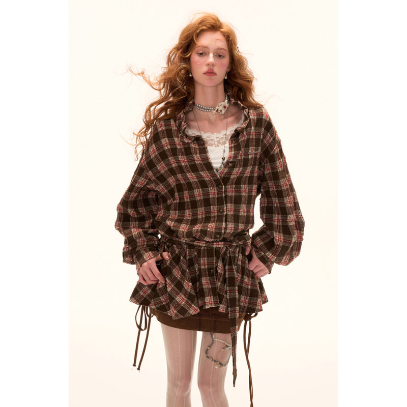Vintage Brown Checkered Shirt Dress