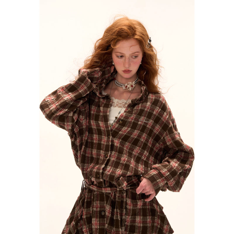 Vintage Brown Checkered Shirt Dress