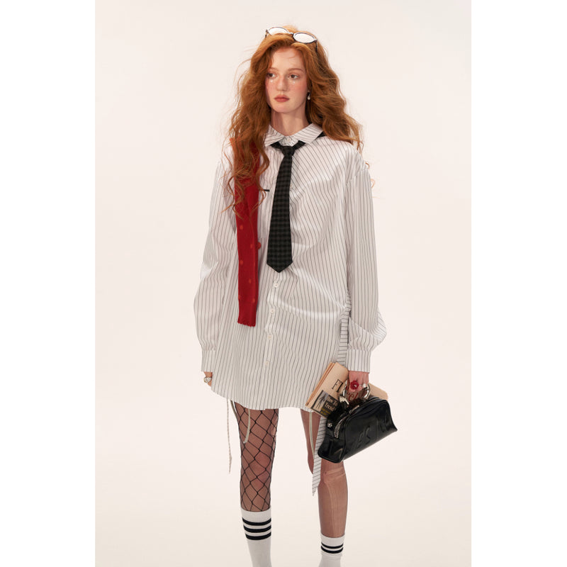 Striped Long Shirt with Checked Hoodie Tie