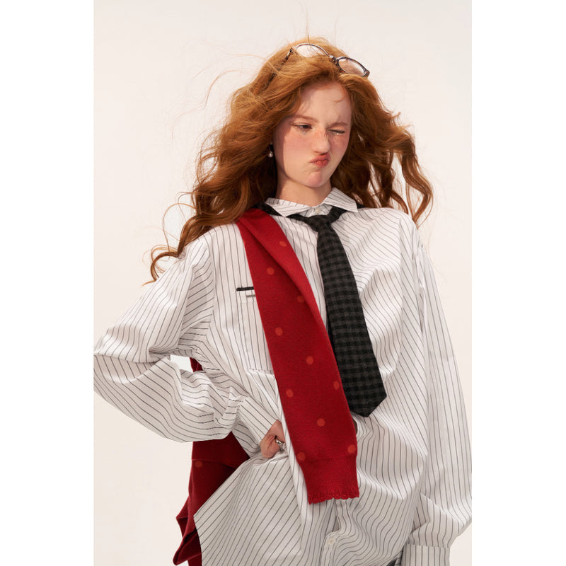 Striped Long Shirt with Checked Hoodie Tie