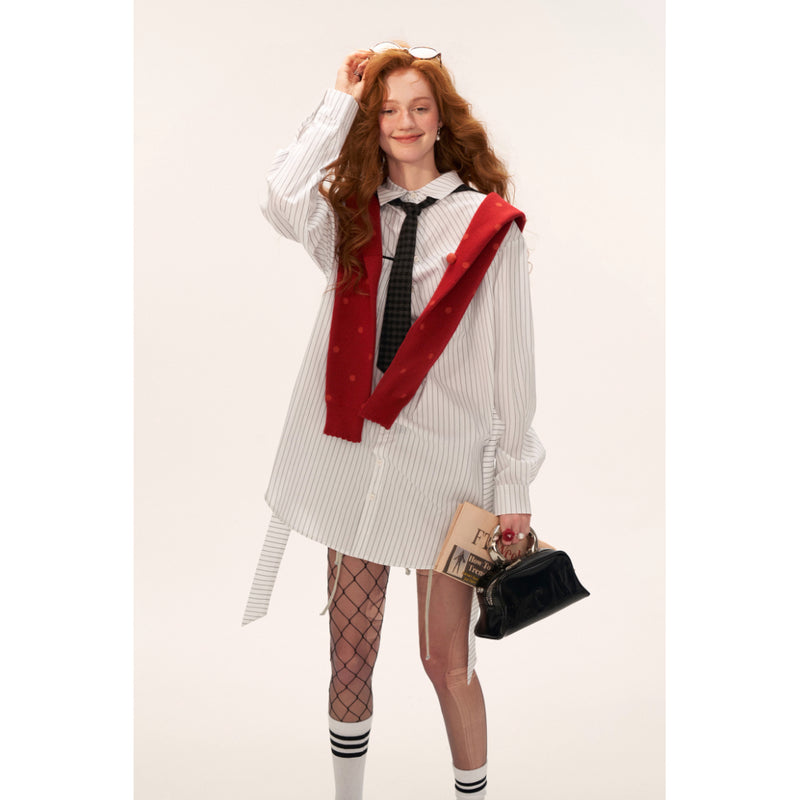 Striped Long Shirt with Checked Hoodie Tie