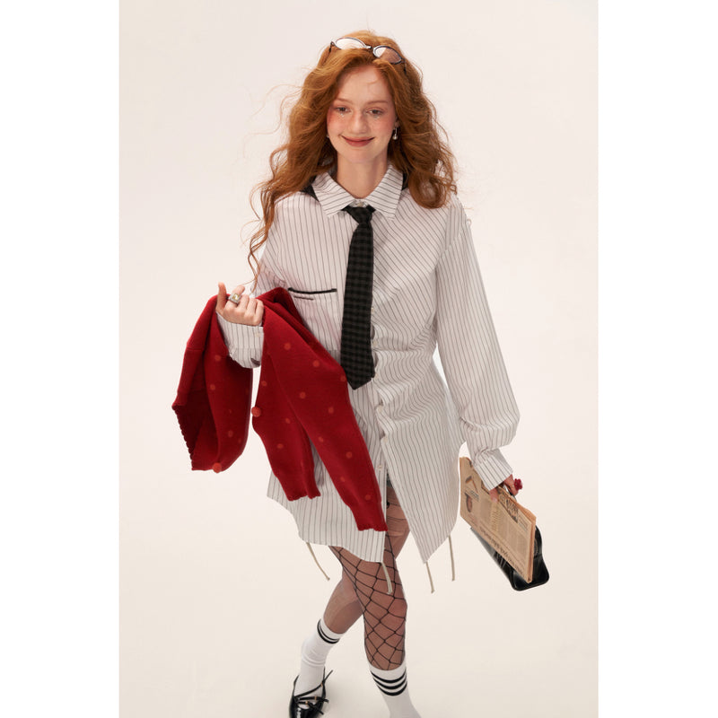 Striped Long Shirt with Checked Hoodie Tie