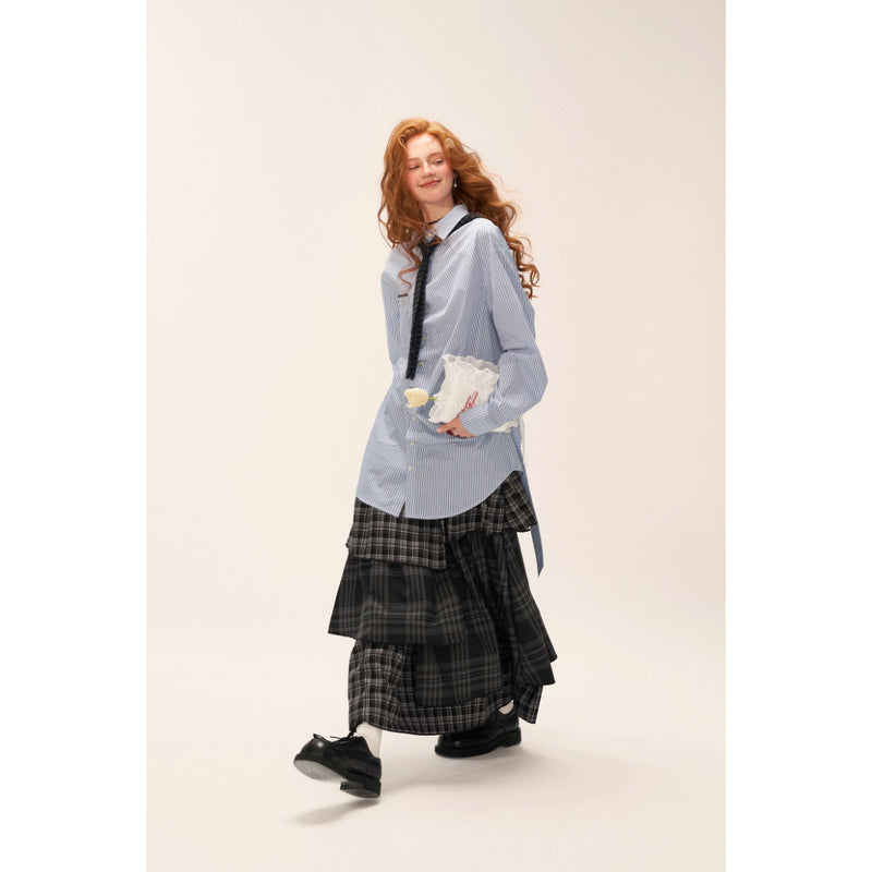Striped Long Shirt with Checked Hoodie Tie