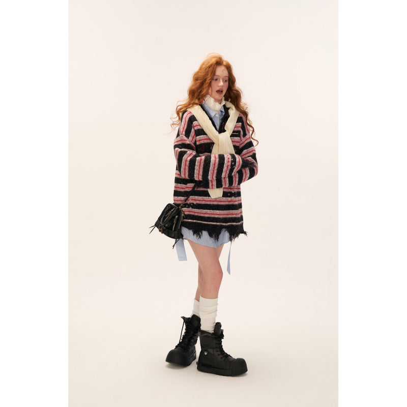 Striped Long Shirt with Checked Hoodie Tie