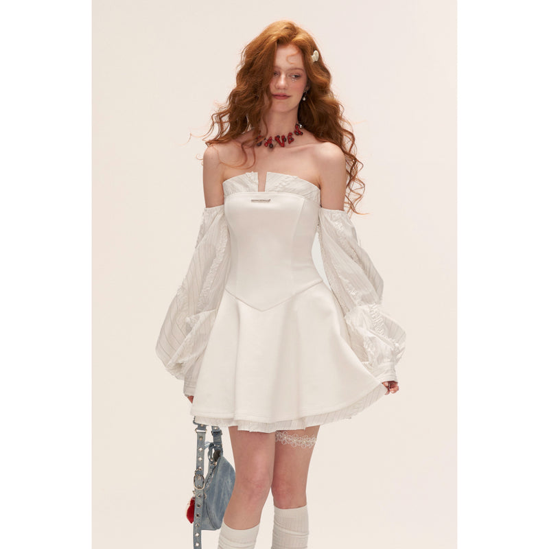 Pure White Striped Strapless Dress
